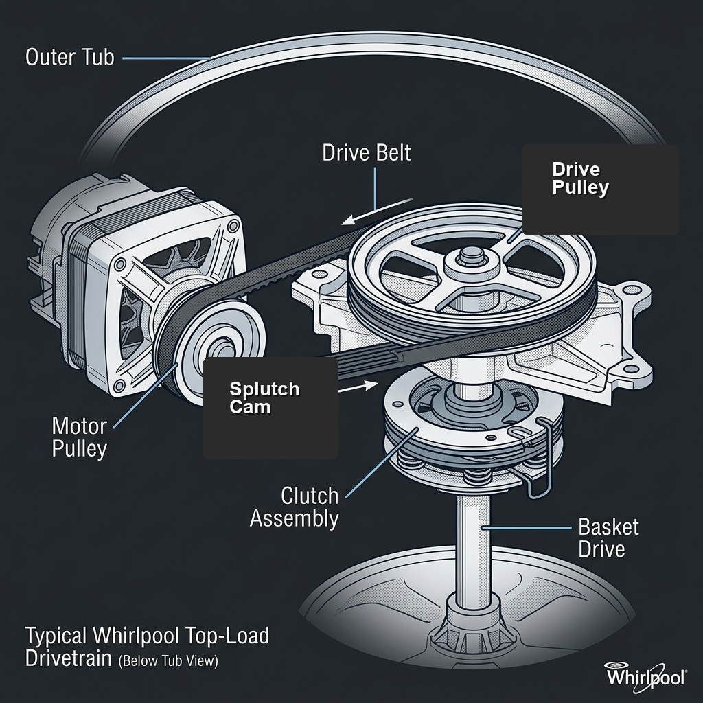 Under-drive layout showing the belt and splutch assembly