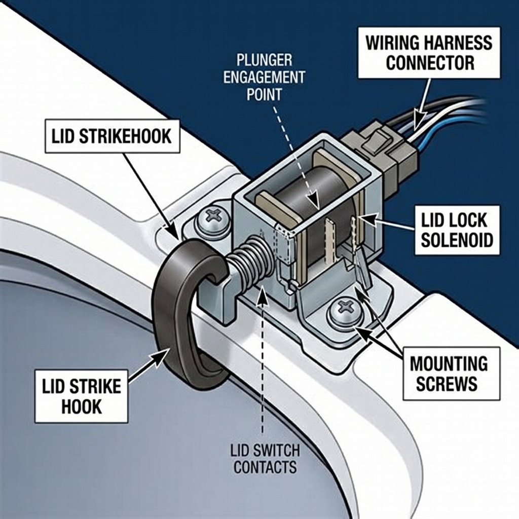 Lid lock and strike area on a Whirlpool-style top loader