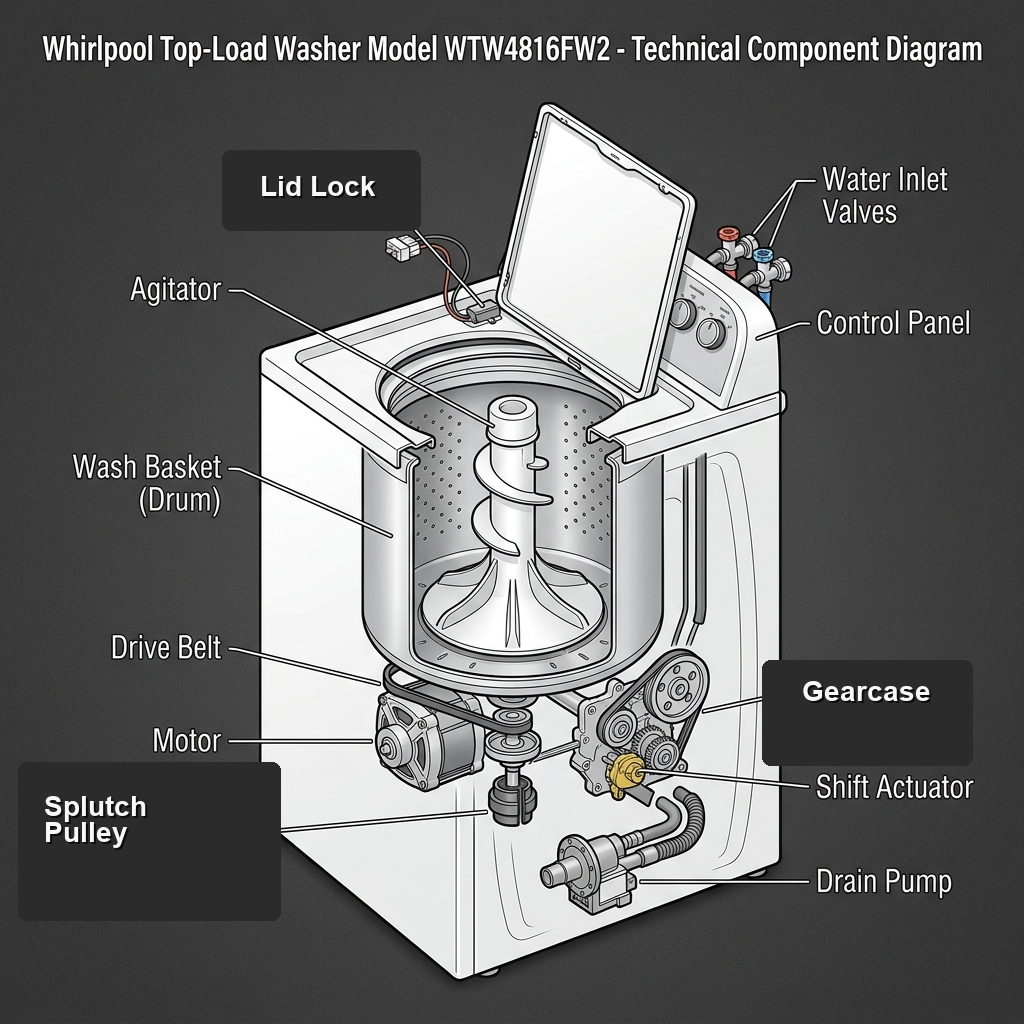 Whirlpool WTW4816FW2 belt-drive spin system overview