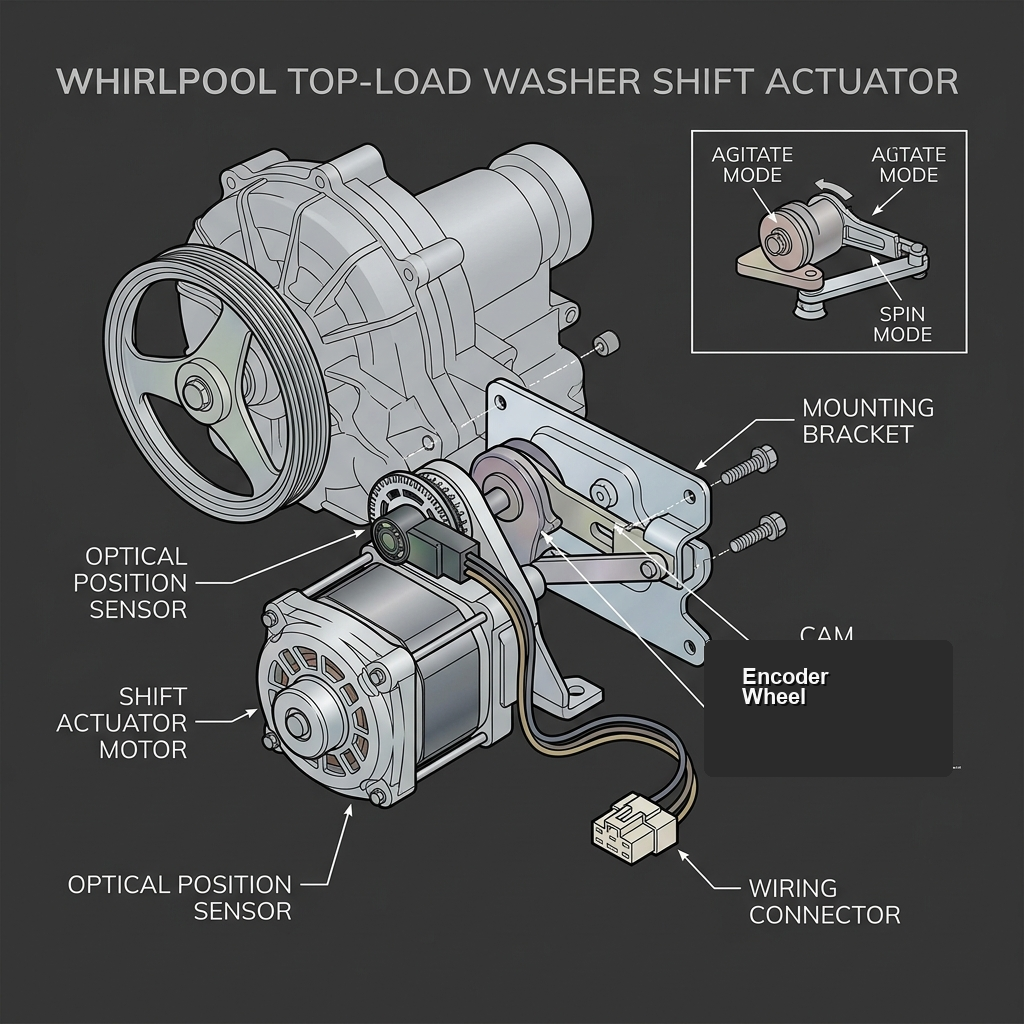 Shift actuator that moves the washer between agitate and spin